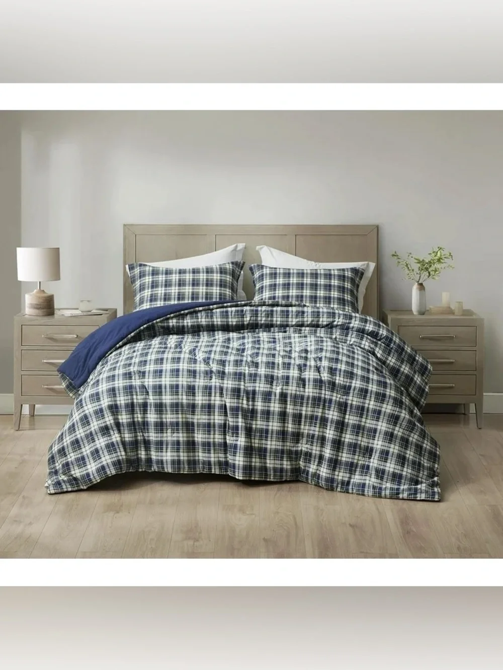 Reversible Navy Plaid Full 3 piece Comforter Set 100% cotton